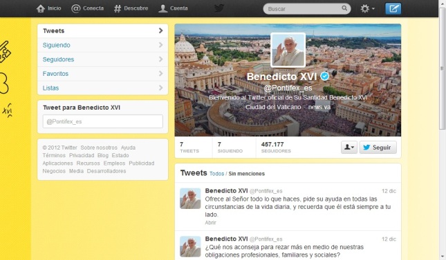Twitter en español de Benedicto XVI, además tiene varias cuentas en otros idiomas 